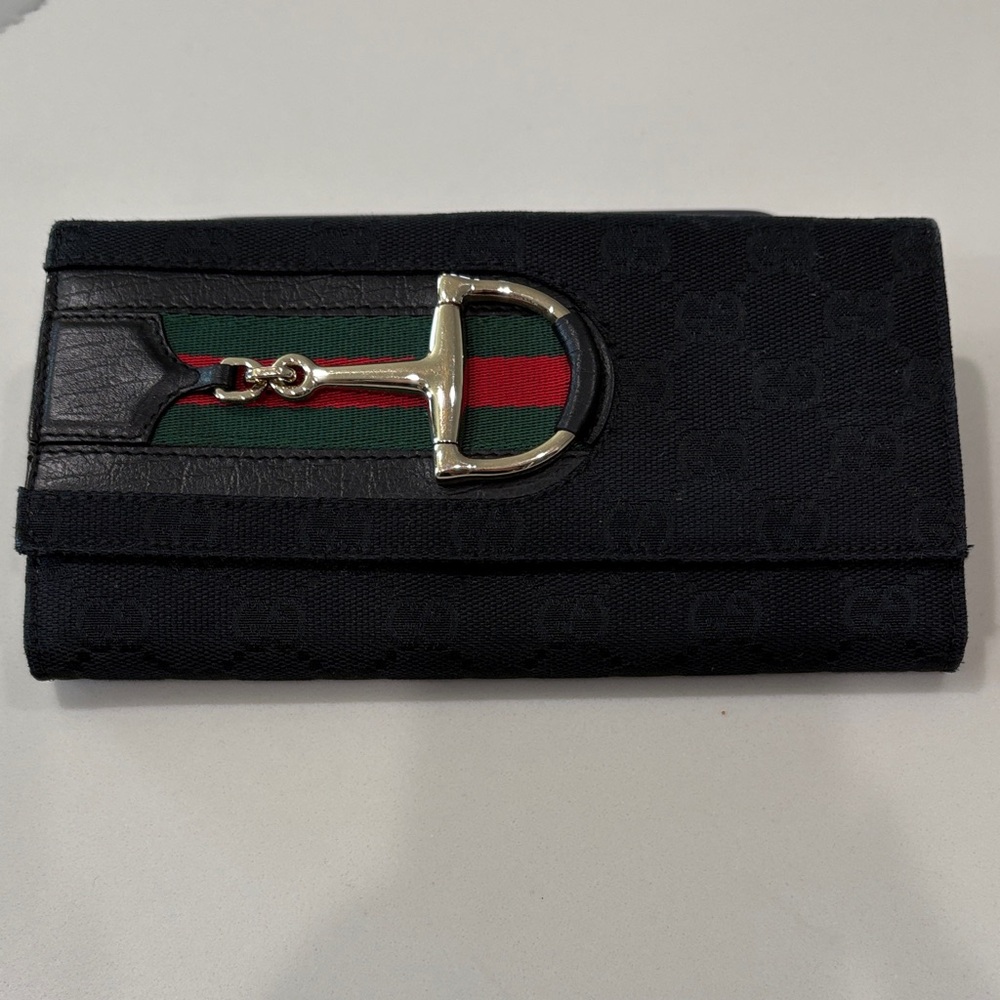 Gucci Horsebit Black GG Canvas Wallet with Green and Red Web
